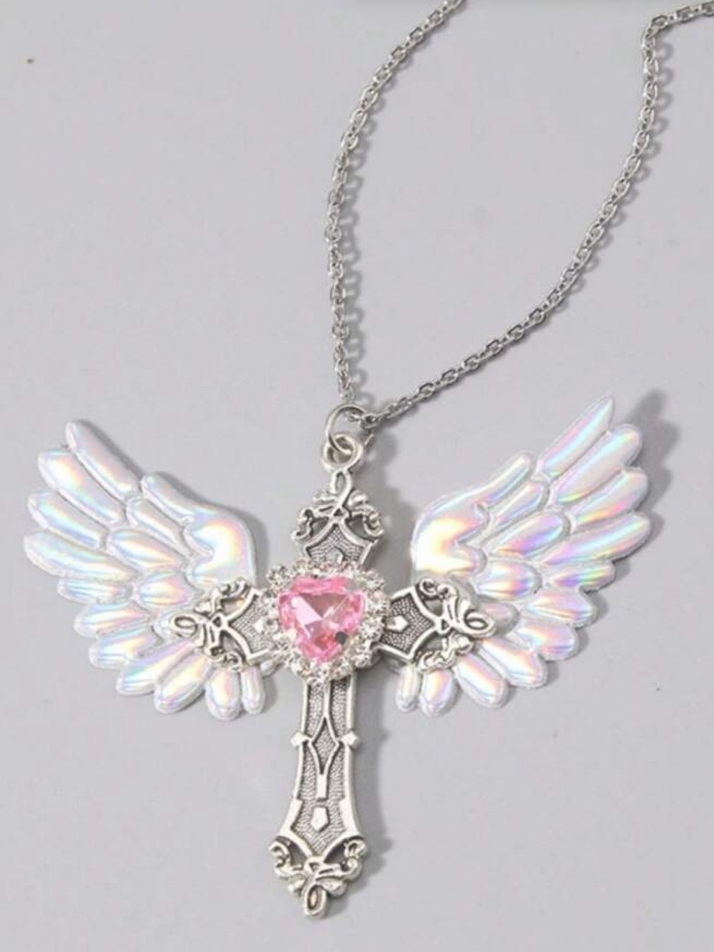 ✝️  CROSS WITH IRIDESCENT ANGEL WINGS NECKLACE WITH PINK HEART RHINESTONE.  ✝️ - Picture 3 of 5